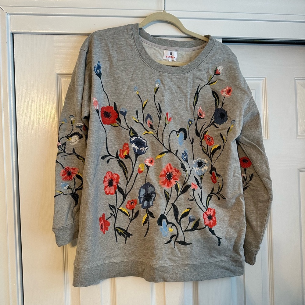 Anthropologie Gray Floral Embroidered Sweatshirt
